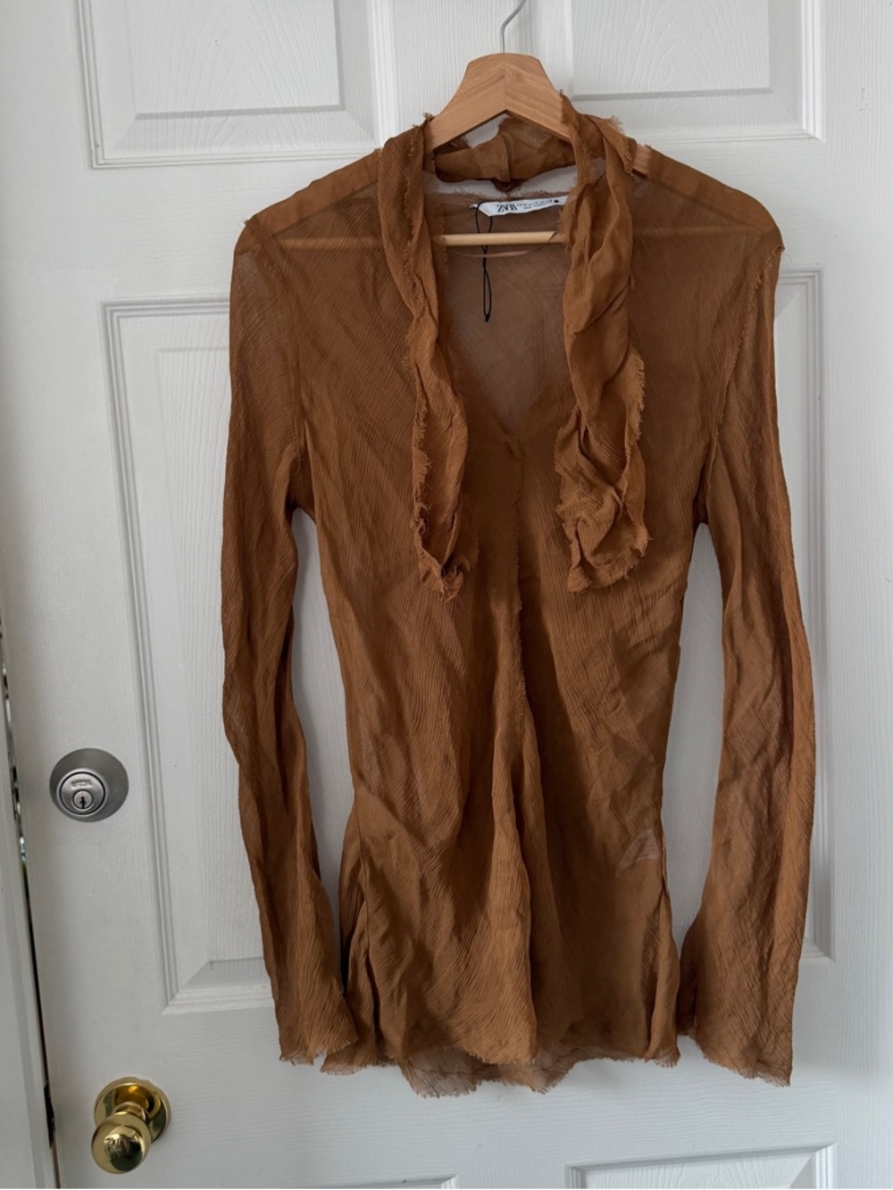 Lightweight sheer Brown Ruffle Neck Long-Sleeve blouse